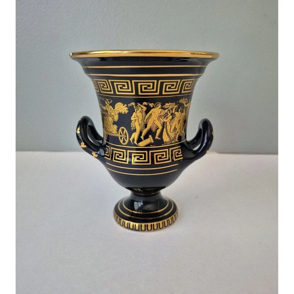 Spyropoulos Handmade Black and 24K Gold Inlay Double Handle Urn Vase 5.5 IN